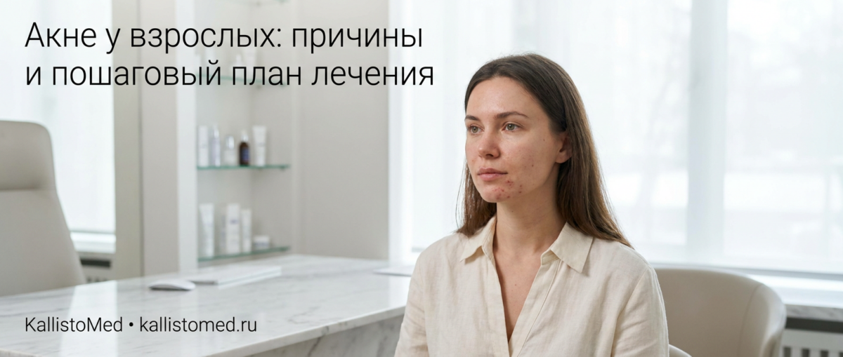 Инфографика с причинами появления и пошаговым планом лечения акне у взрослых